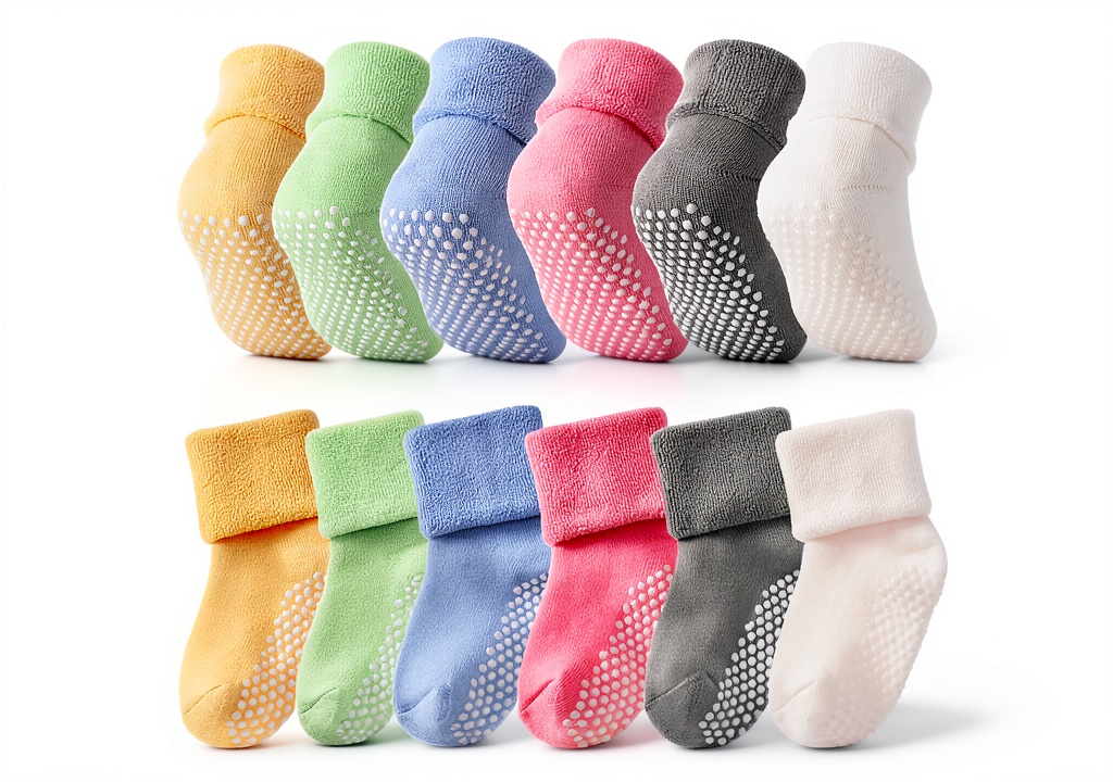 Baby wearing grip socks on a soft rug