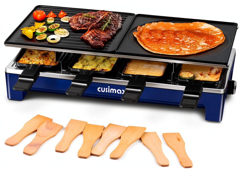 CUSIMAX raclette grill with reversible plates and raclette pans on a table