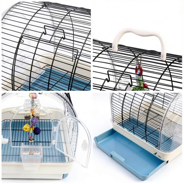 Portable Bird Cage Carrier, Travel Parrot Cage with 2 Perches, 2 Food Bowls and Tray, Metal Parakeet Cages for Small to Medium Sized Birds Cockatiels Lovebirds Canaries Budgies-4