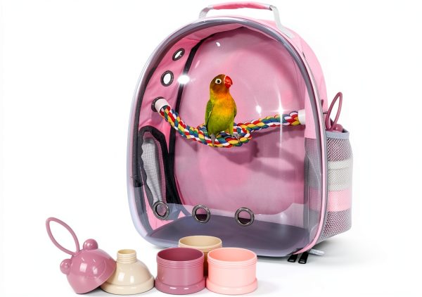 Pink Bird Backpack Carrier JUNIQUTE Ventilated Travel with Feeder-0